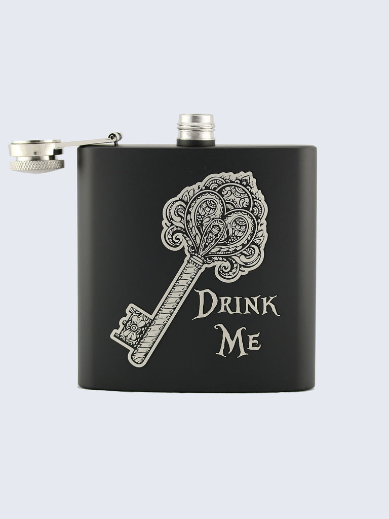 Alice In Wonderland Inspired Laser Engraved Black Stainless Steel 6oz Hip Flask
