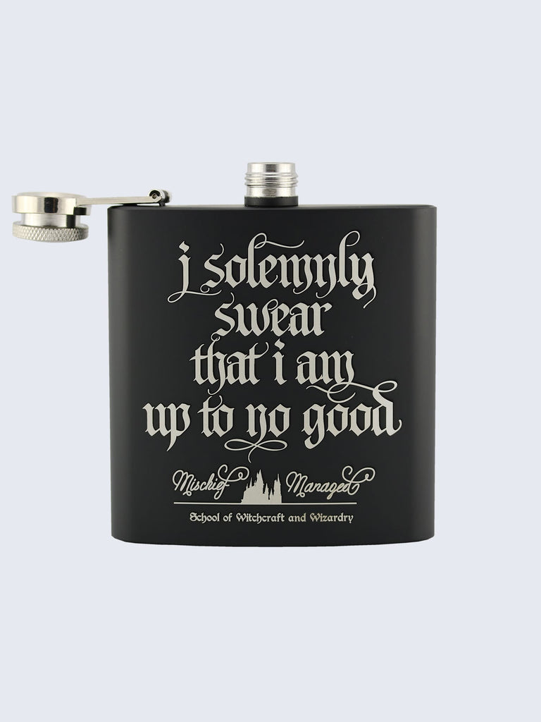 Marauders Map Style Harry Potter Inspired Design Laser Engraved Black Stainless Steel 6oz Hip Flask