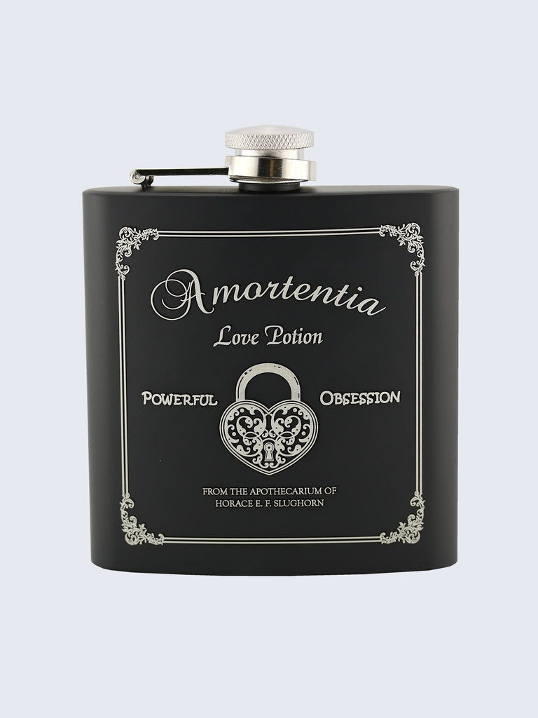 Amortentia Love Potion Harry Potter Inspired Design Laser Engraved Black Stainless Steel 6oz Hip Flask