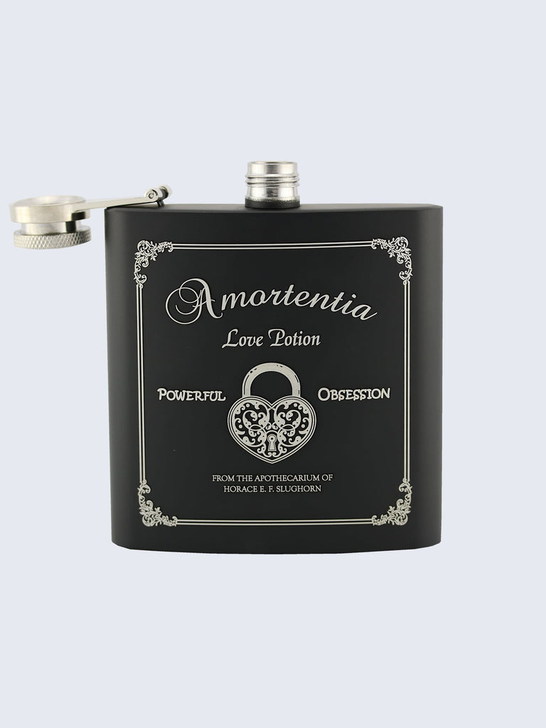 Amortentia Love Potion Harry Potter Inspired Design Laser Engraved Black Stainless Steel 6oz Hip Flask