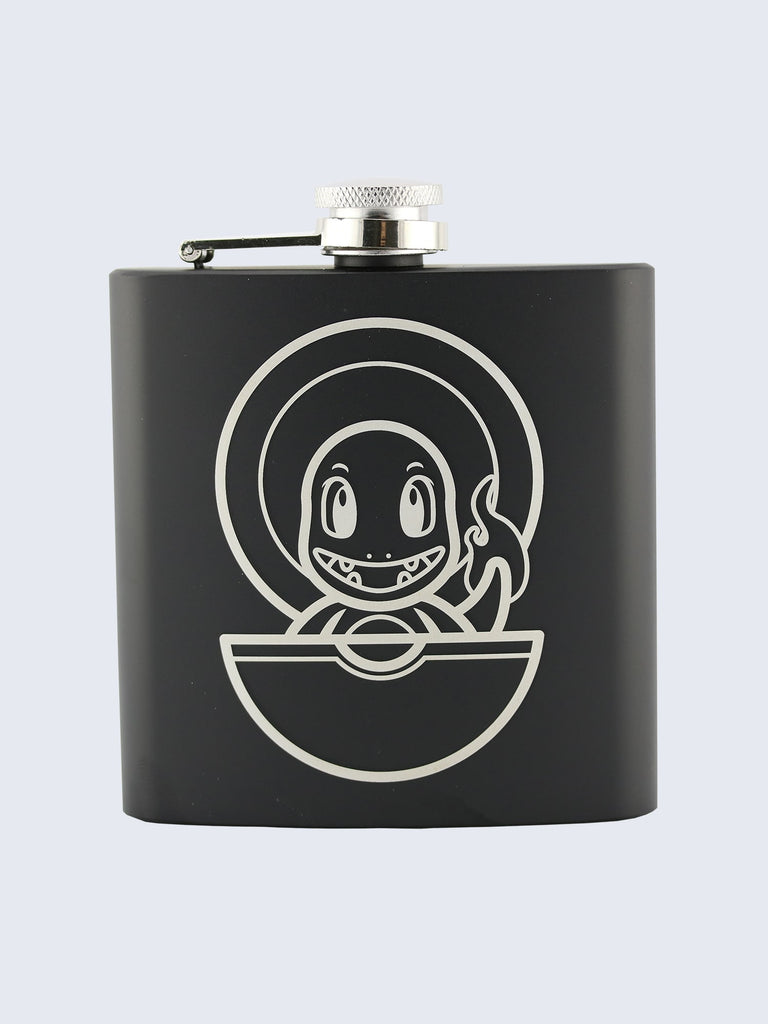 Charizard PokeMon Inspired Design Laser Engraved Stainless Steel 6oz Hip Flask