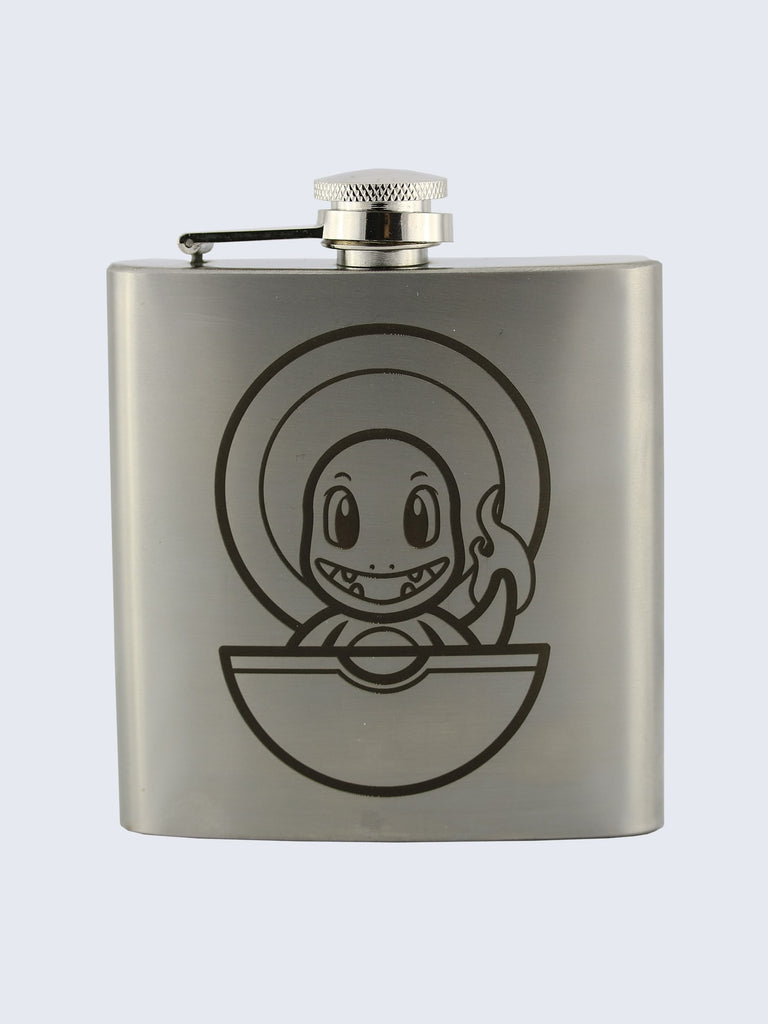 Charizard PokeMon Inspired Design Laser Engraved Stainless Steel 6oz Hip Flask