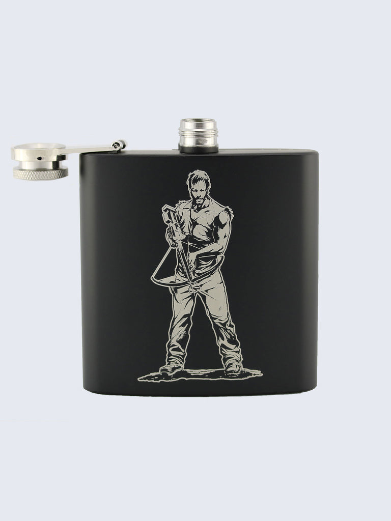 Daryl Dixon The Walking Dead Inspired Design Laser Engraved Black Stainless Steel 6oz Hip Flask