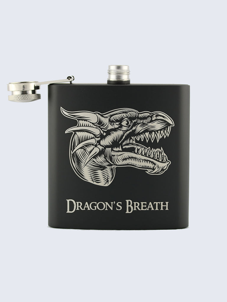 Dragon's Breath MineCraft Laser Engraved Black Stainless Steel 6oz Hip Flask