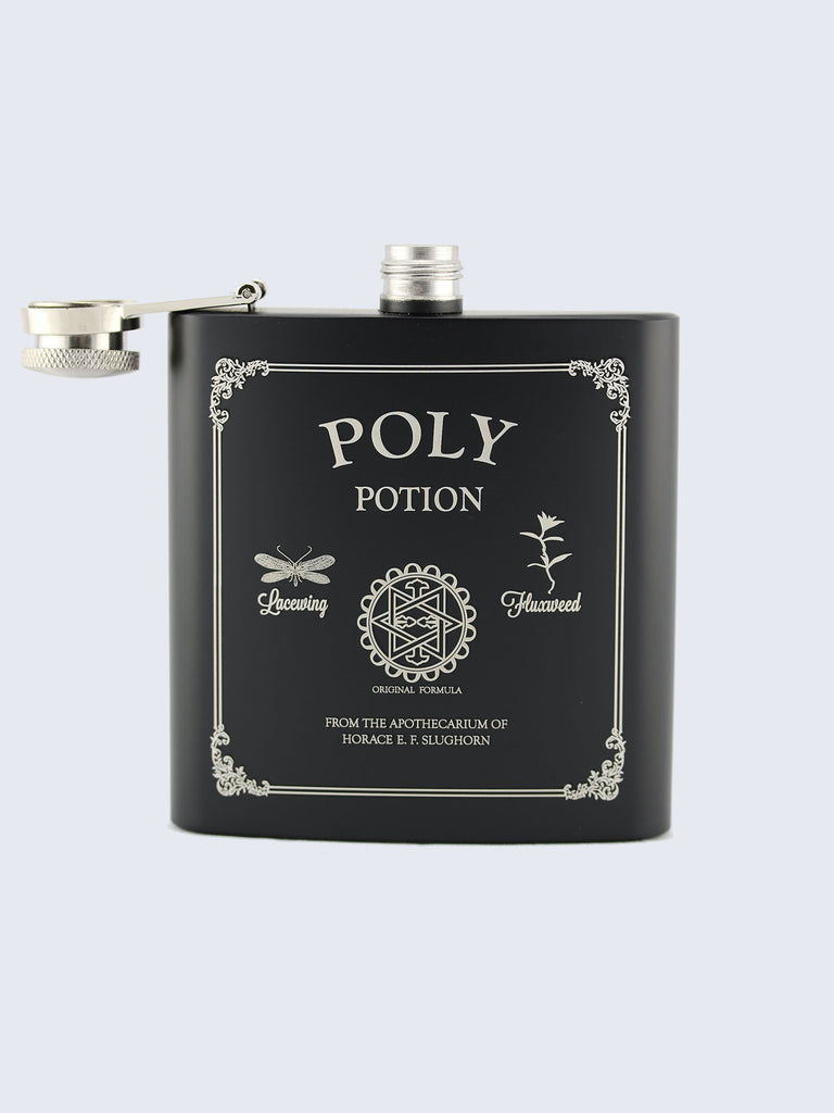 Polyjuice Potion Harry Potter Laser Engraved Black Stainless Steel 6oz Hip Flask