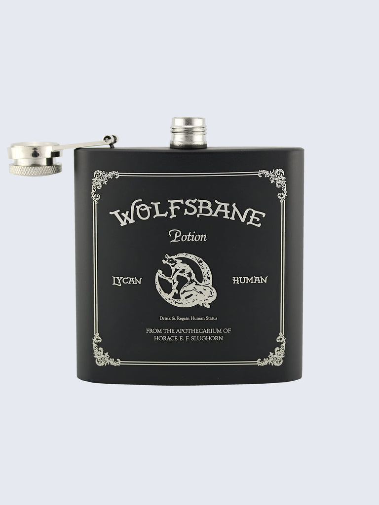 Wolfsbane Potion Harry Potter Inspired Design Laser Engraved Black Stainless Steel 6oz Hip Flask